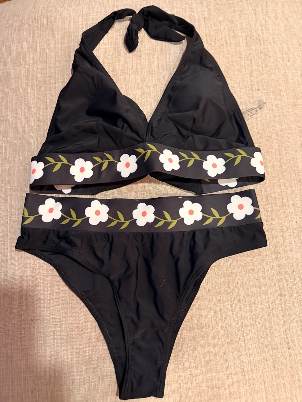 SHEIN Black Bikini Set with White Floral Band